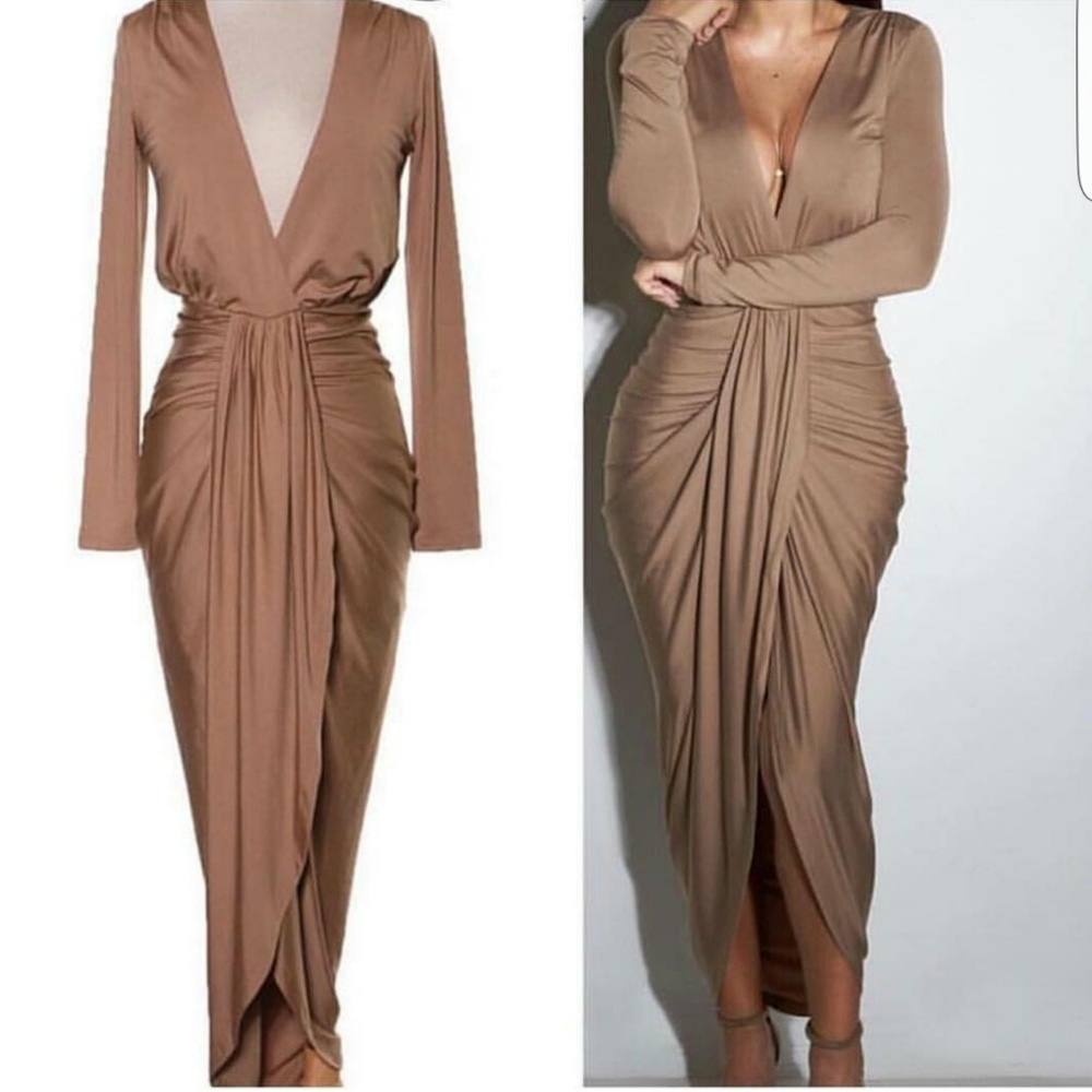 Beautiful Nude Draped Long Sleeve Deep V Dress
